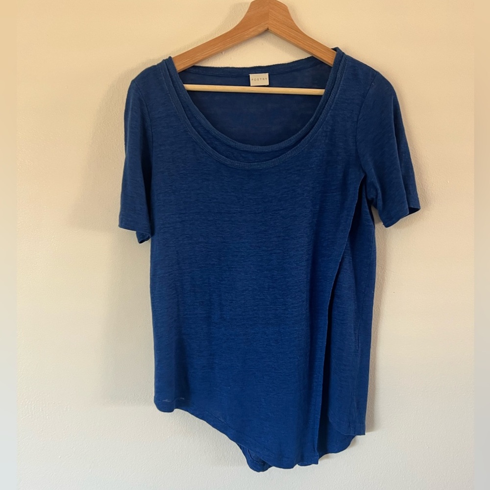 Poetry Blue Asymmetrical Hem‎ Short Sleeve Linen Relaxed Fit T-Shirt Size 4